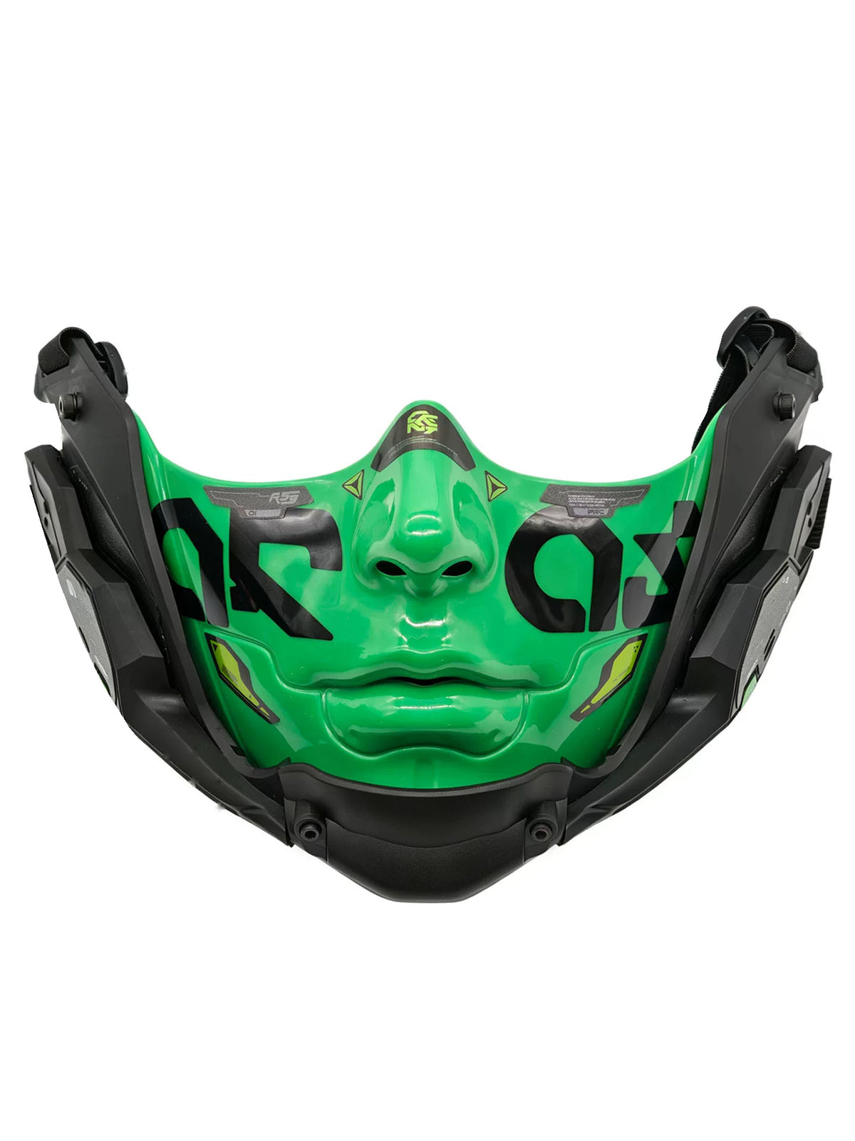 FOCKSHOP smooth-chin mask — large mint green solo front view with rounded chin and broad strap.