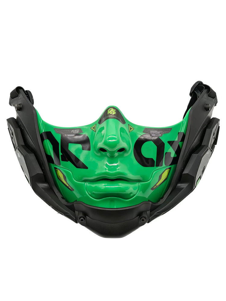 FOCKSHOP smooth-chin mask — large mint green solo front view with rounded chin and broad strap.