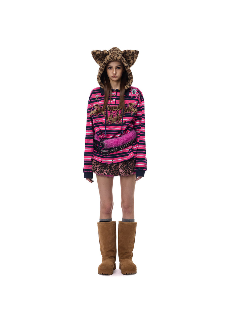 PINKSPINK CAT ALIEN leopard-ear striped hoodie — full-length modeled view with the ears raised and brown boots