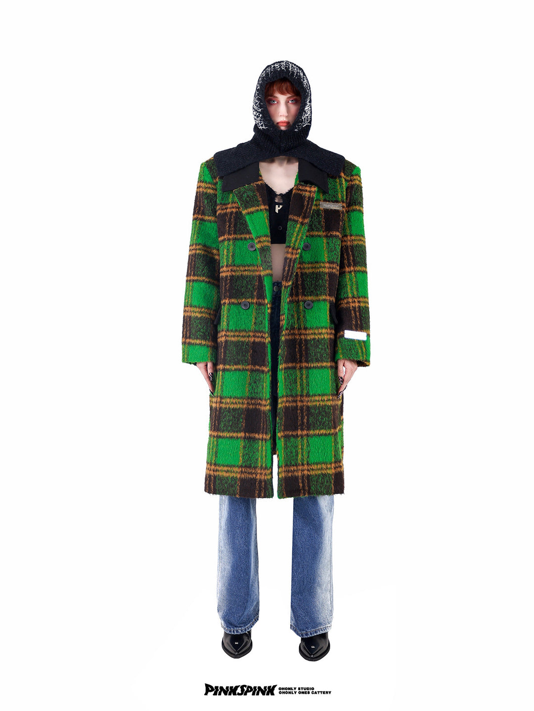 PINKSPINK ELECTRIC THORN embroidered knit balaclava in black — full-length front modeled view with a green plaid coat
