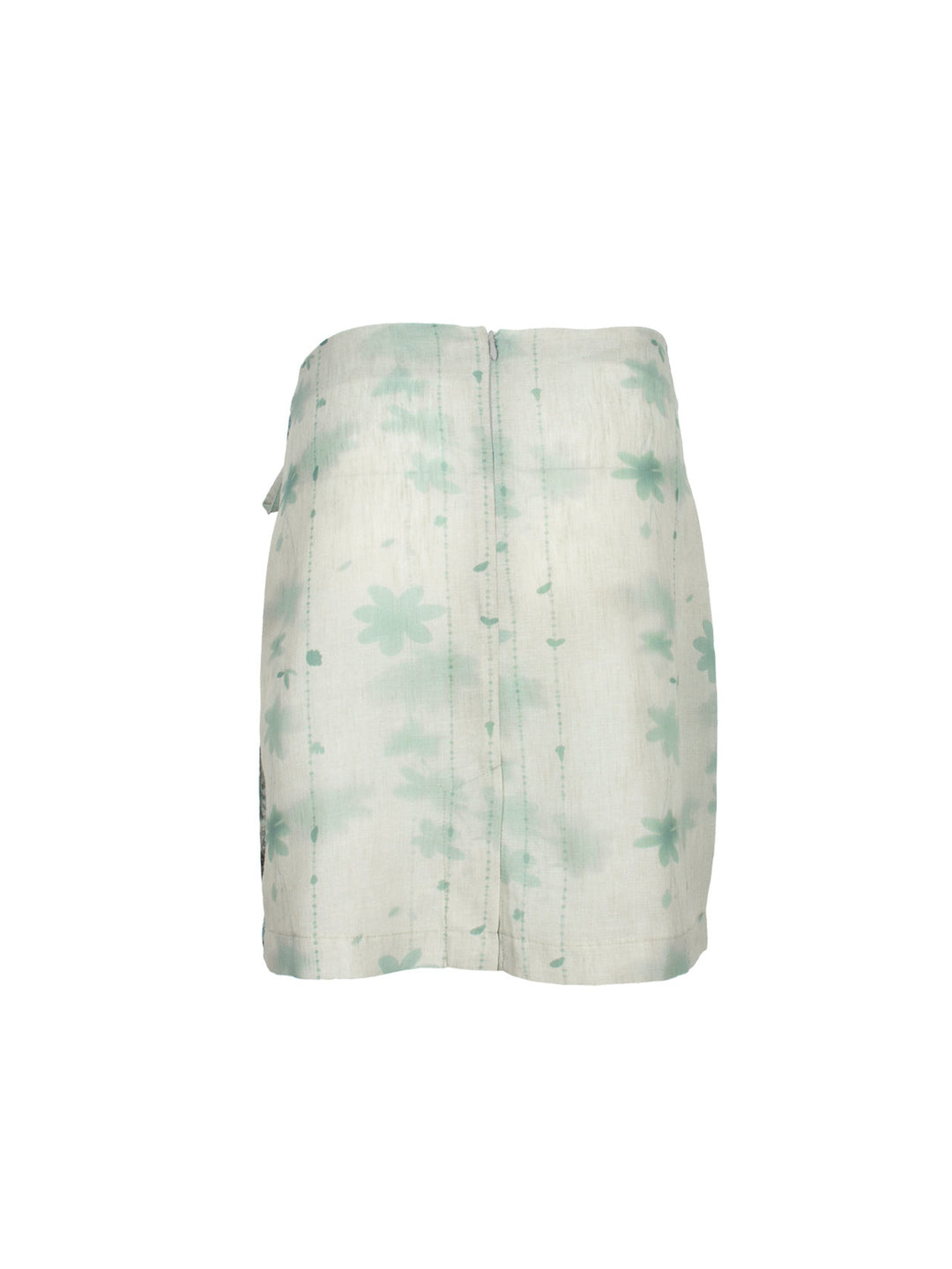 4RE1GN BLUE BLOOM tie-front layered skirt in blue multicolor — back garment-only view showing the pale floral print