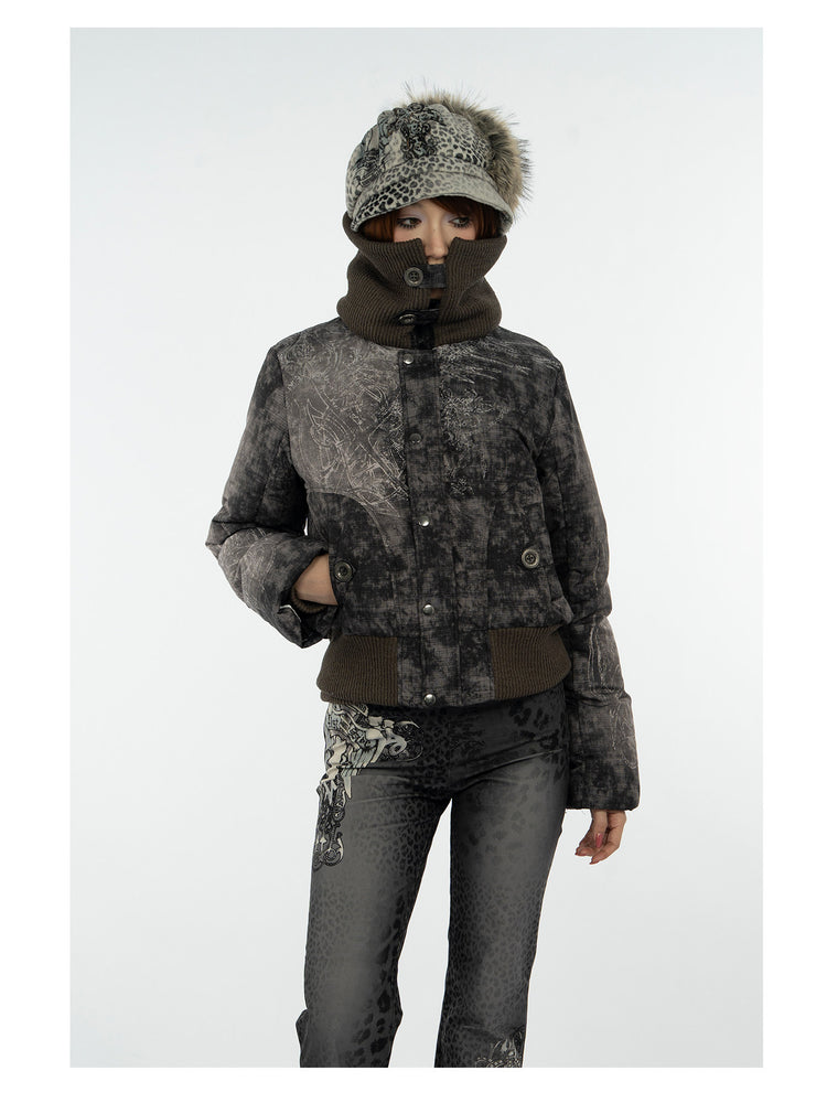 4RE1GN MYSTIC STAR knit-collar down jacket in gray multicolor — front modeled view with the tall knit collar fastened