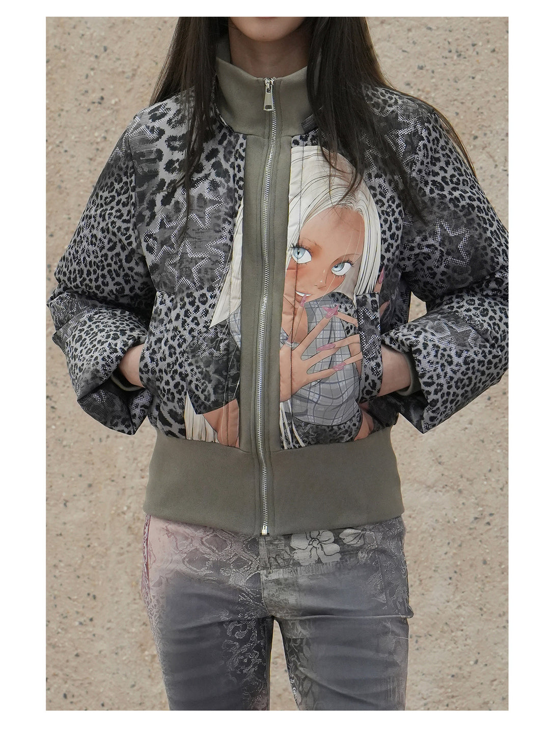 4RE1GN NAILS DONE leopard graphic down jacket in gray multicolor — front torso detail with the hood removed