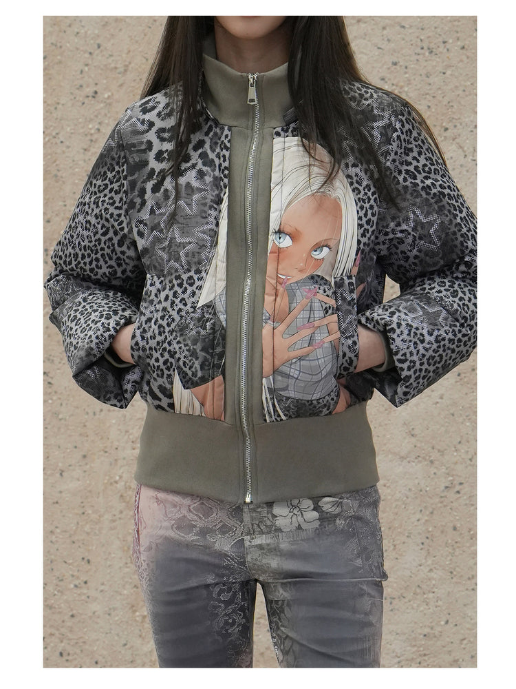 4RE1GN NAILS DONE leopard graphic down jacket in gray multicolor — front torso detail with the hood removed