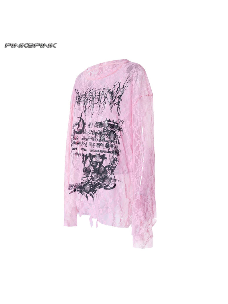 PINKSPINK ELECTRIC MOON thorn-cat distressed lace layering tee — pink thorn-cat distressed lace layering tee, angled product view