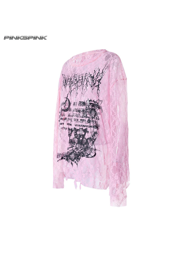 PINKSPINK ELECTRIC MOON thorn-cat distressed lace layering tee — pink thorn-cat distressed lace layering tee, angled product view