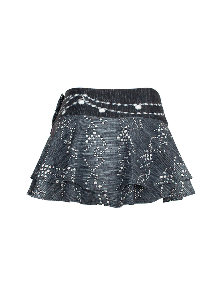 4RE1GN JEWEL denim-print lace mini skirt in black multicolor — back garment-only view showing the layered printed hem