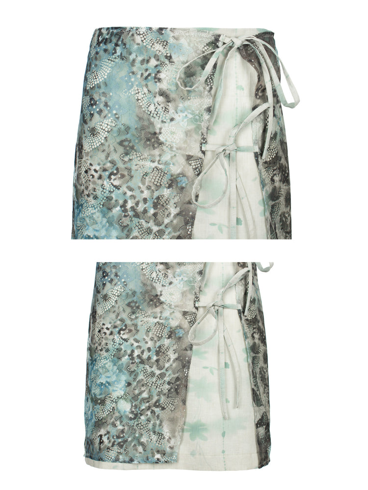 4RE1GN BLUE BLOOM tie-front layered skirt in blue multicolor — detail collage showing the floral lace overlay, front ties and layered hem