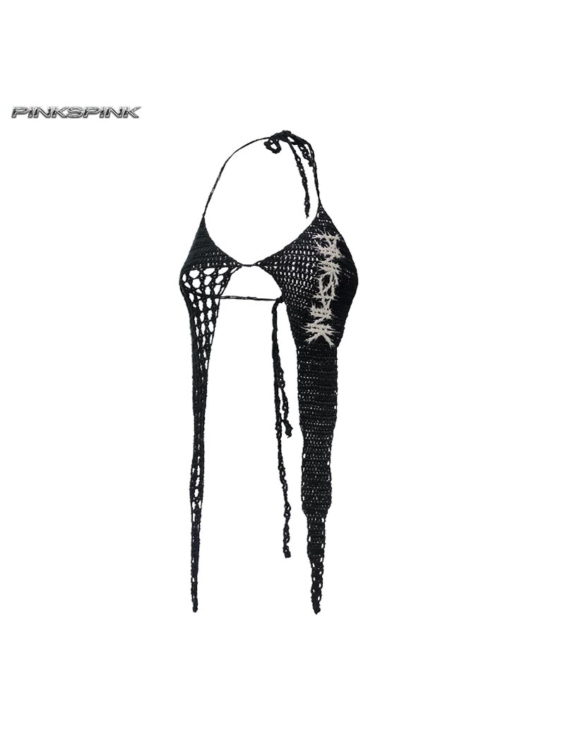 PINKSPINK THORNSTAR open-knit halter top — black open-knit halter top with hanging strips, angled product view