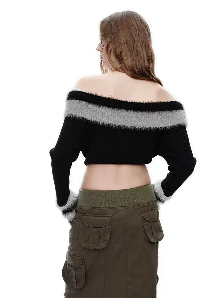 Next Passport black reversible faux-fur collar knit pullover back view
