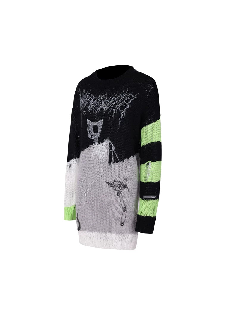 PINKSPINK SPHYNX distressed striped graphic sweater — black-and-green striped graphic sweater, angled product view