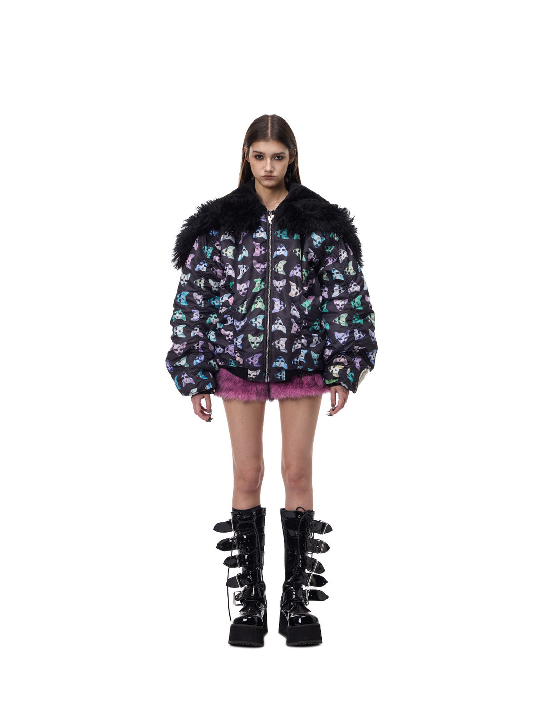 PINKSPINK CAT ALIEN faux-fur collar padded jacket — straight-on full-length modeled view with the collar spread