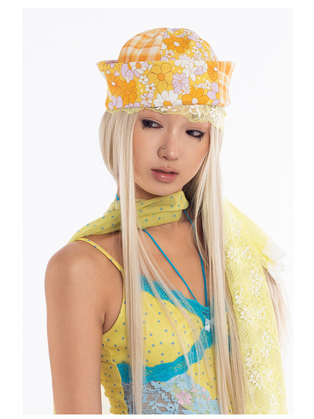 4RE1GN MYSTIC printed brimless hat — yellow floral and gingham print — three-quarter close-up
