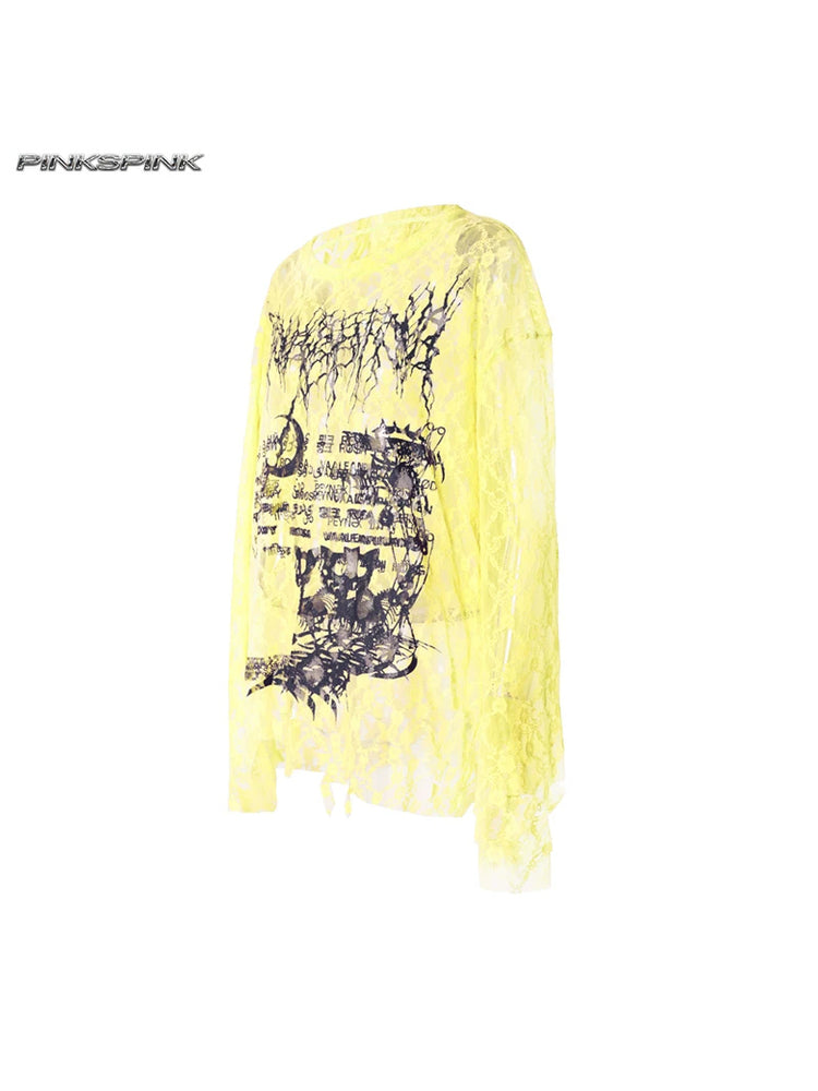 PINKSPINK ELECTRIC MOON thorn-cat distressed lace layering tee — yellow thorn-cat distressed lace layering tee, angled product view