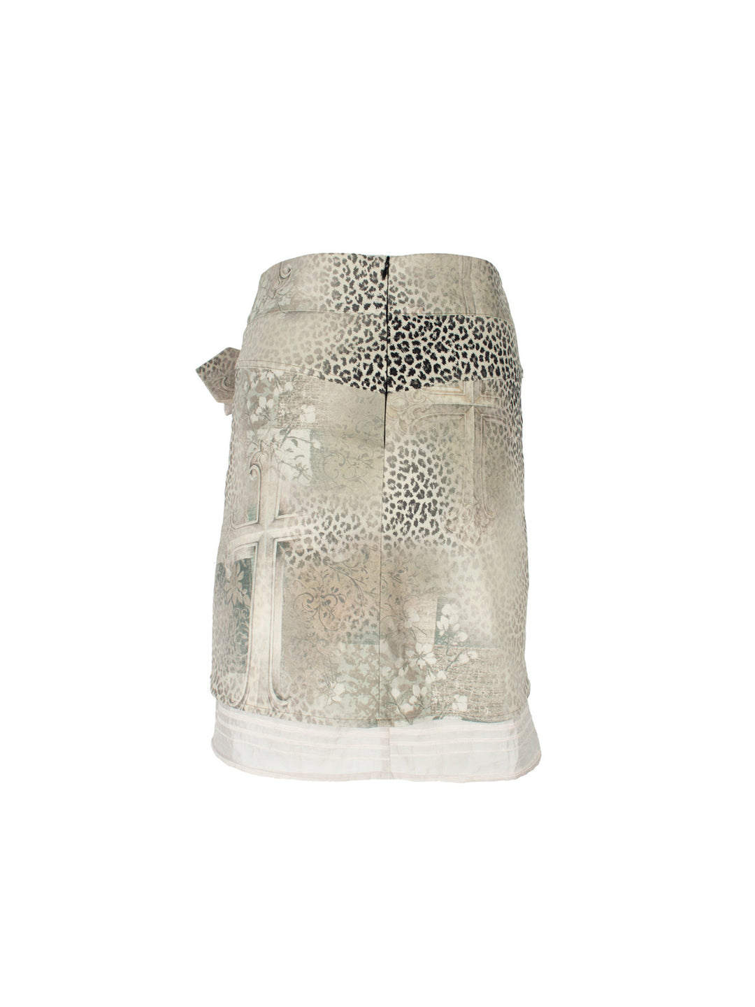 4RE1GN CROSS LEOPARD bow-detail layered skirt in beige multicolor — back garment-only view showing the print and striped hem