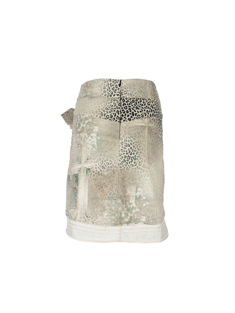 4RE1GN CROSS LEOPARD bow-detail layered skirt in beige multicolor — back garment-only view showing the print and striped hem