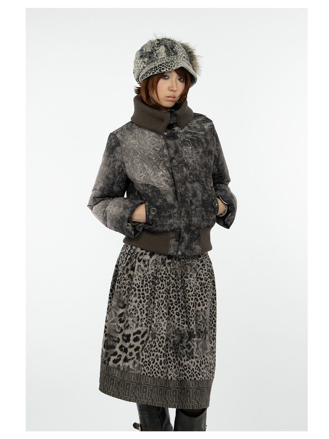 4RE1GN MYSTIC STAR knit-collar down jacket in gray multicolor — three-quarter modeled view showing the printed sleeves