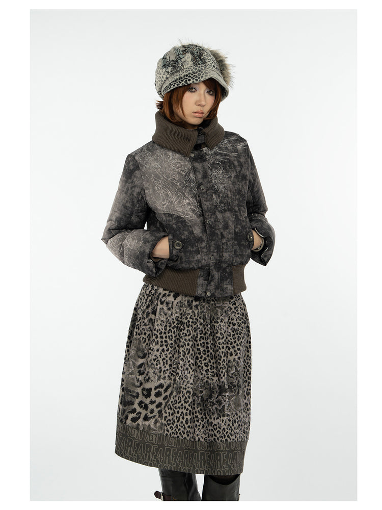4RE1GN MYSTIC STAR knit-collar down jacket in gray multicolor — three-quarter modeled view showing the printed sleeves