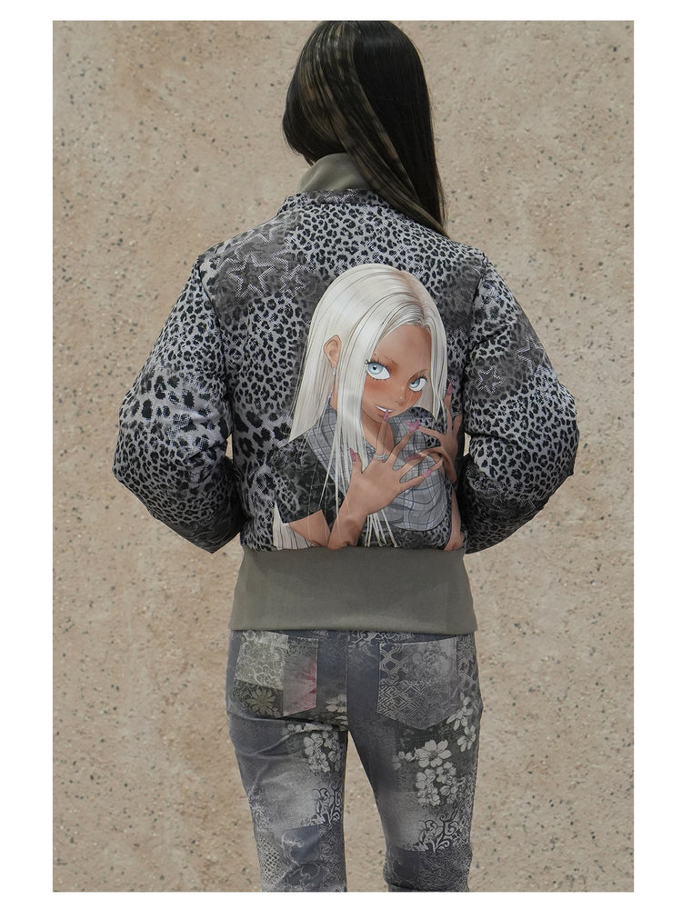 4RE1GN NAILS DONE leopard graphic down jacket in gray multicolor — back modeled view with the hood removed