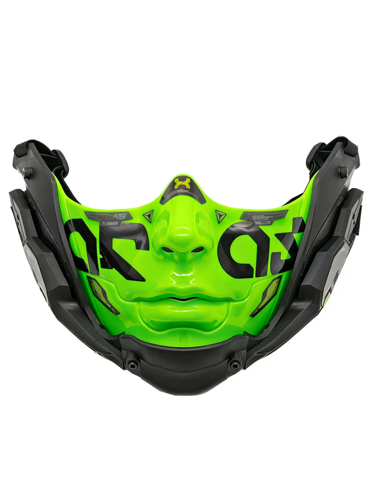FOCKSHOP smooth-chin mask — large green solo front view with rounded chin and broad strap.