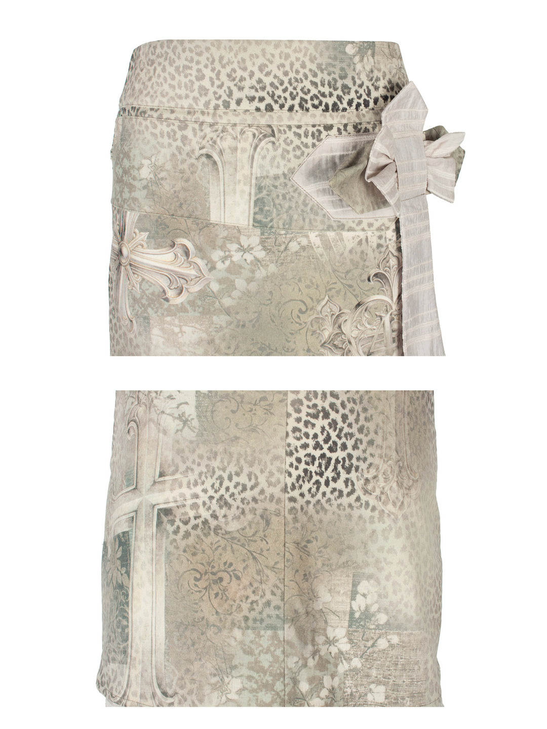 4RE1GN CROSS LEOPARD bow-detail layered skirt in beige multicolor — waistband, bow and lower cross-print details