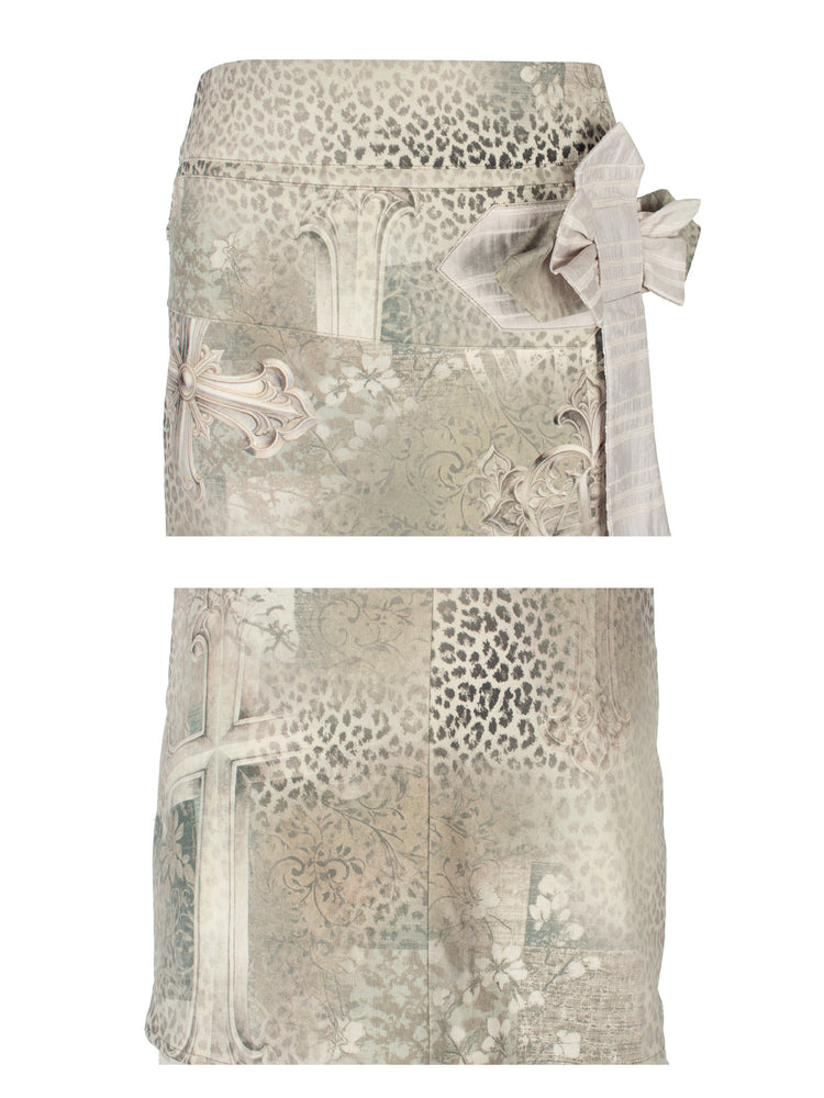 4RE1GN CROSS LEOPARD bow-detail layered skirt in beige multicolor — waistband, bow and lower cross-print details