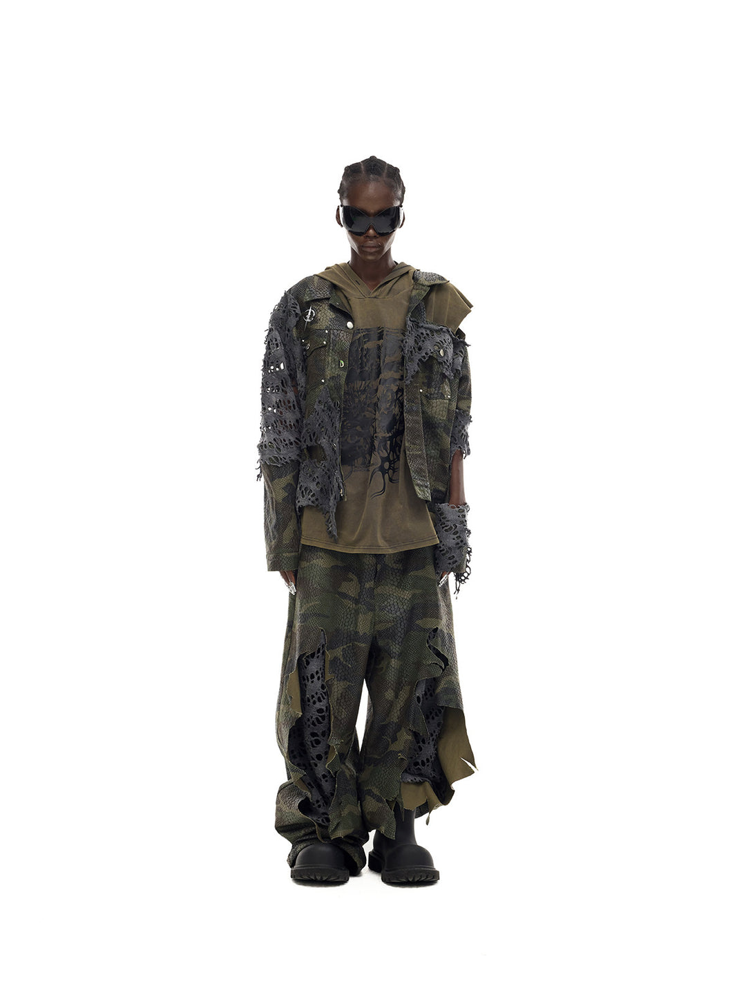 PINKSPINK ELECTRIC MOON distressed camouflage denim jacket — front full-length modeled view with sunglasses and hood lowered