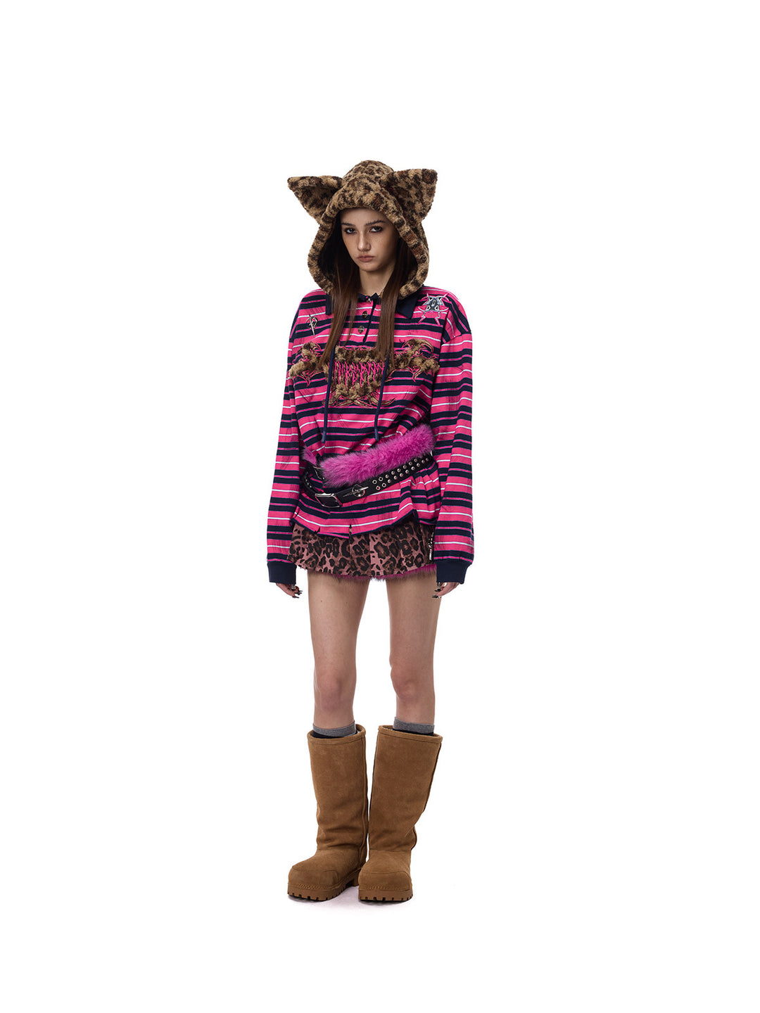 PINKSPINK CAT ALIEN leopard-ear striped hoodie — angled full-length modeled view with the leopard-ear hood raised