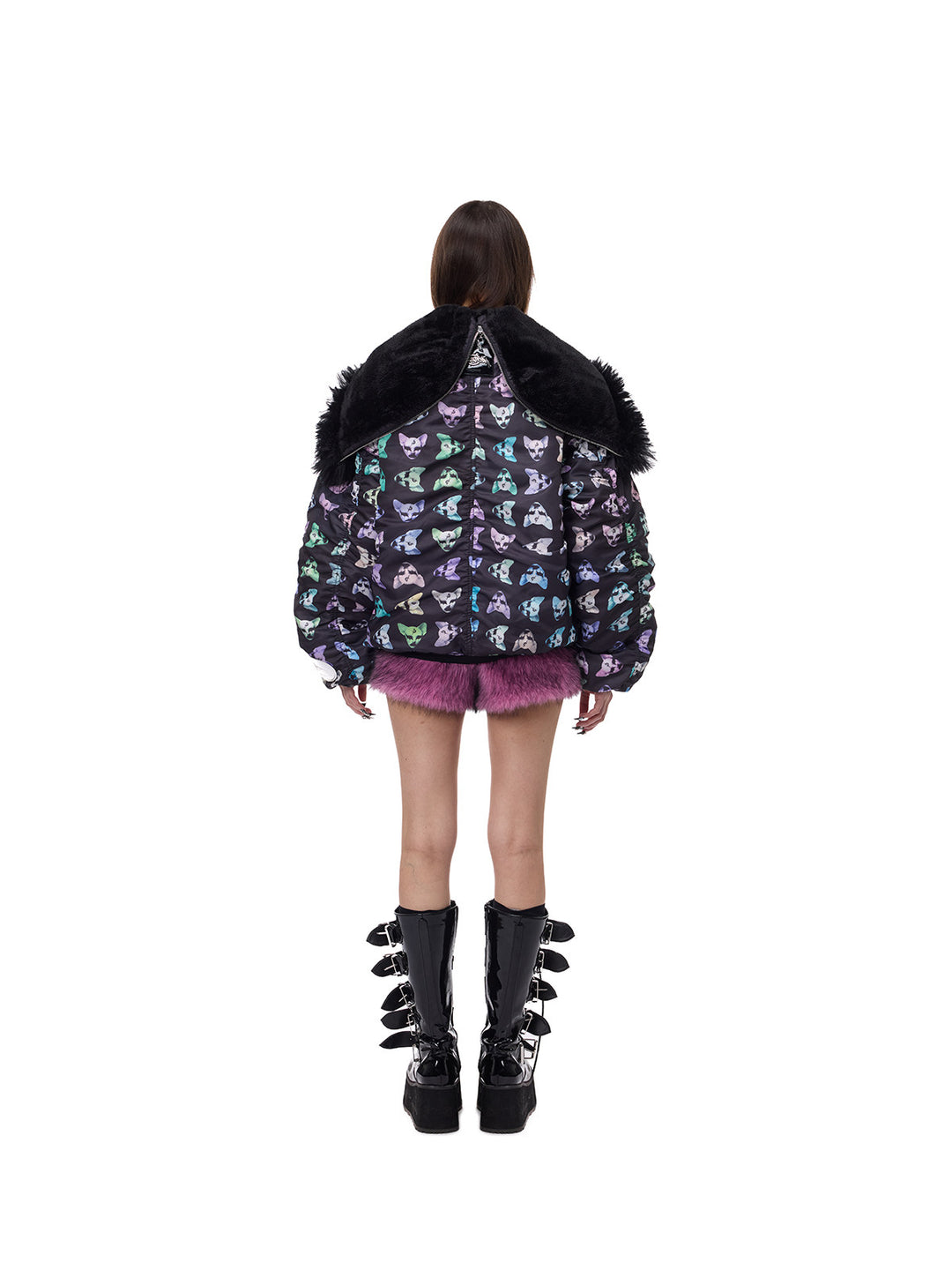 PINKSPINK CAT ALIEN faux-fur collar padded jacket — back full-length modeled view with the collar lying flat