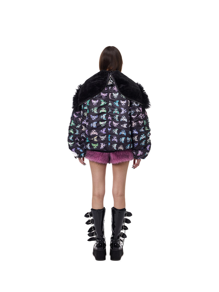 PINKSPINK CAT ALIEN faux-fur collar padded jacket — back full-length modeled view with the collar lying flat