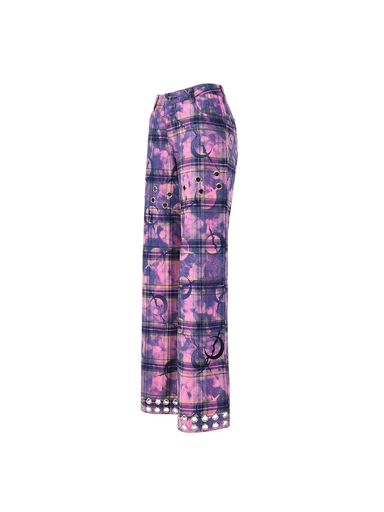 PINKSPINK ELECTRIC MOON wasteland plaid straight-leg pants — pink-and-purple plaid straight-leg pants, front product view