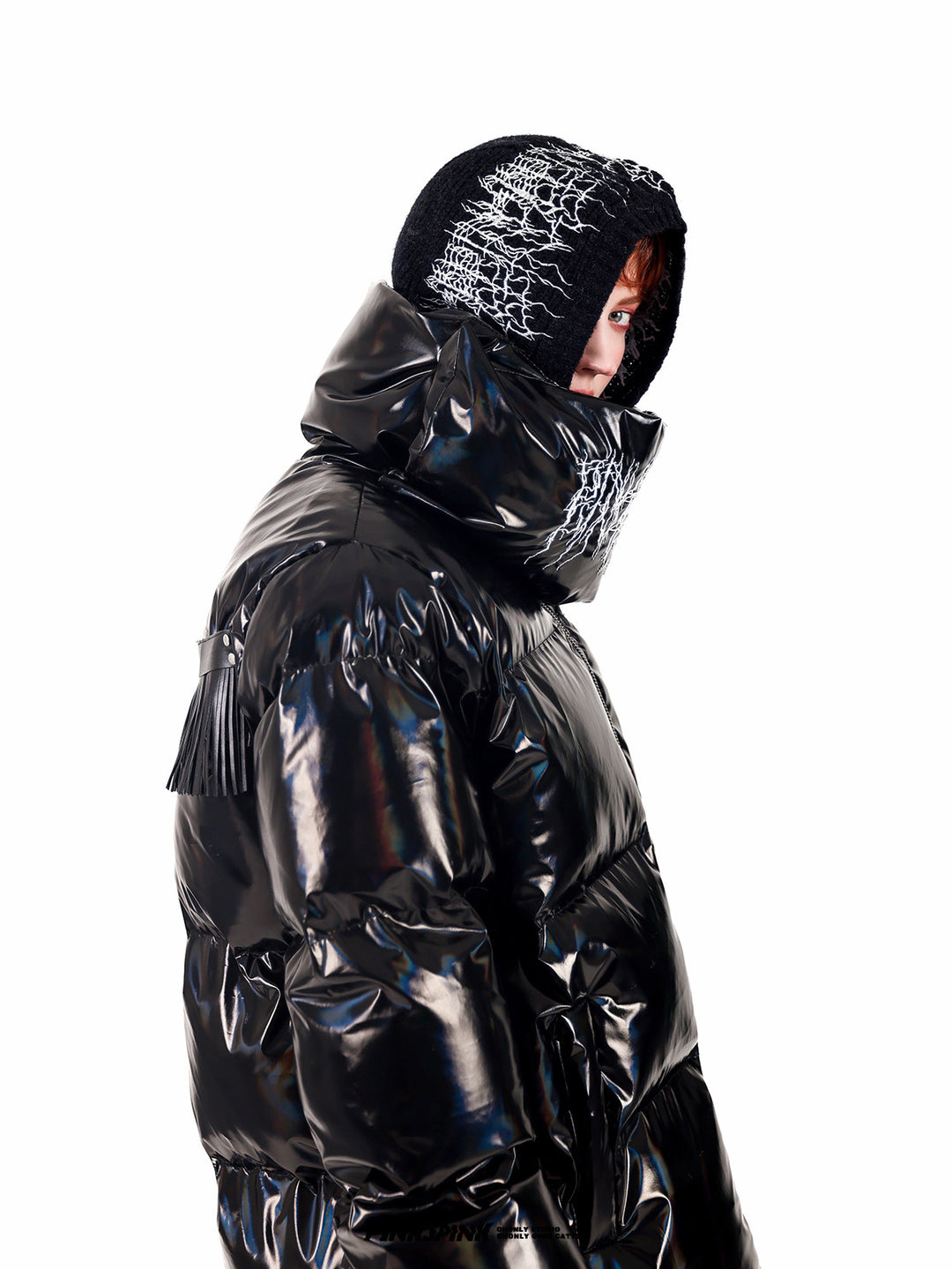 PINKSPINK ELECTRIC THORN embroidered knit balaclava in black — side modeled close-up with a glossy puffer