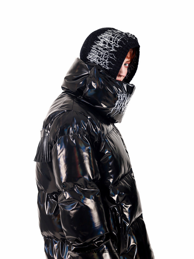 PINKSPINK ELECTRIC THORN embroidered knit balaclava in black — side modeled close-up with a glossy puffer