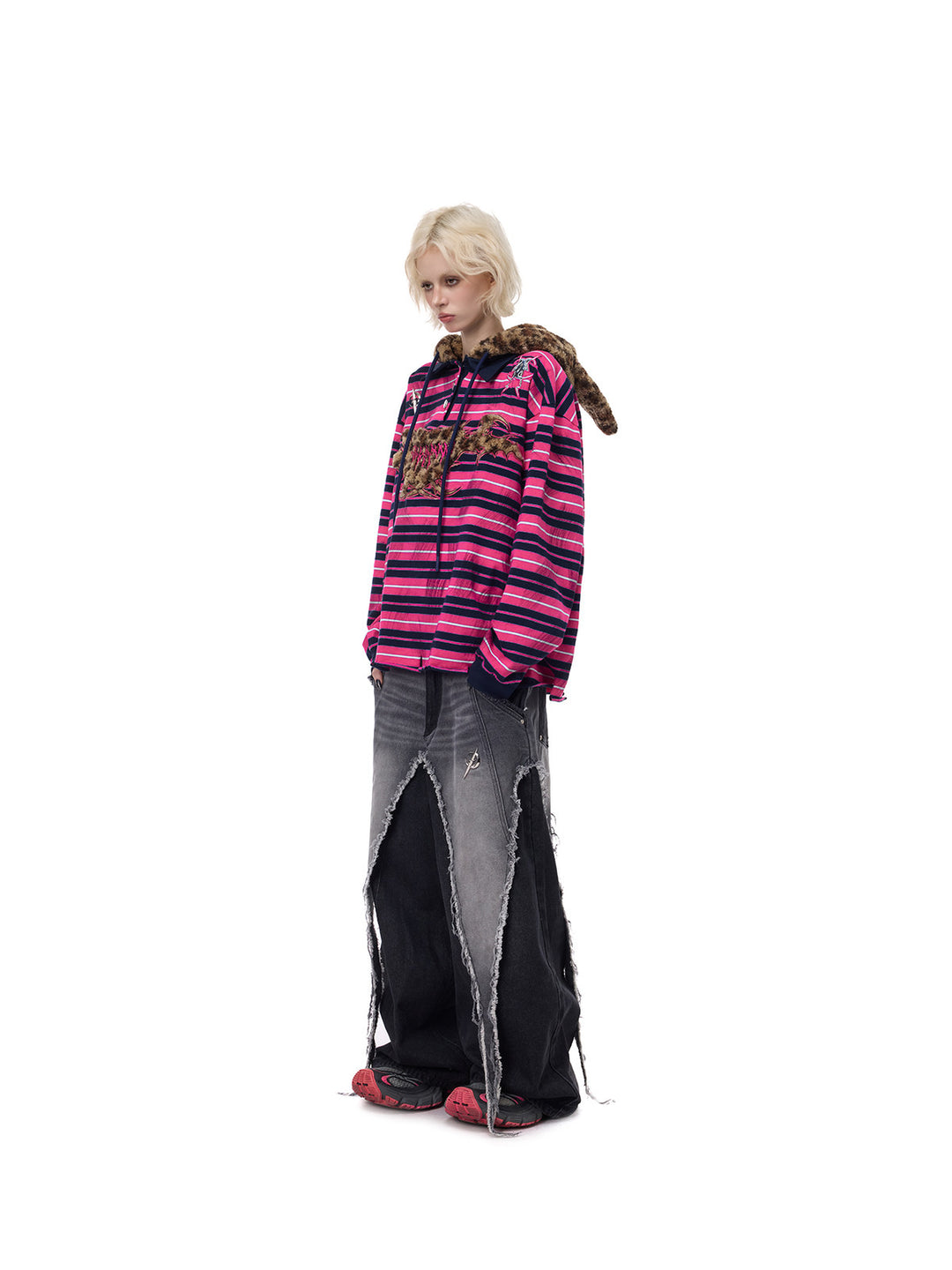 PINKSPINK CAT ALIEN leopard-ear striped hoodie — side-front full-length modeled view with the hood down