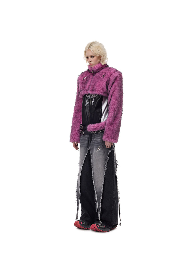PINKSPINK ELECTRIC MOON gradient faux-fur cropped jacket — side-front full-length modeled view with dark jeans