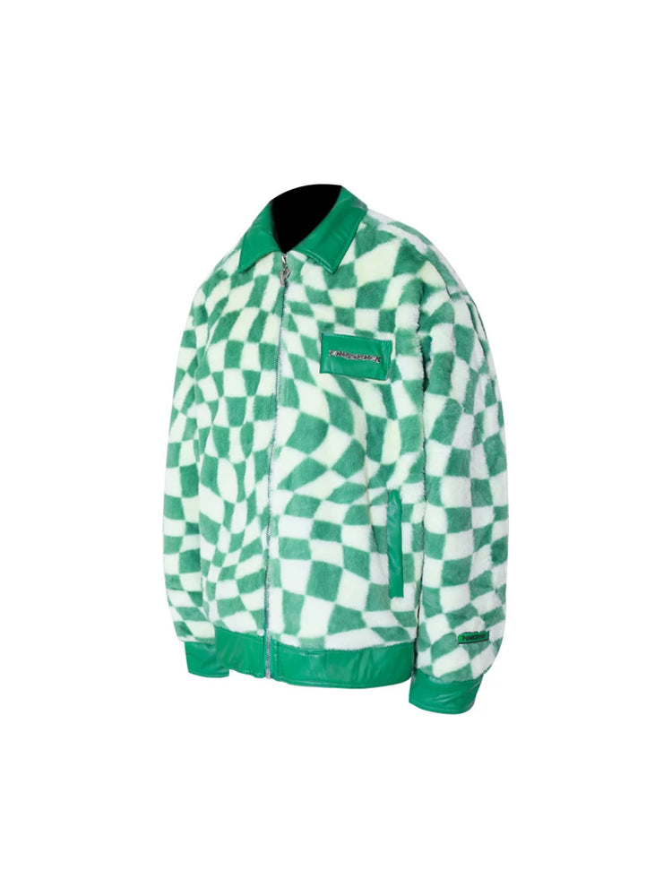 PINKSPINK WARPED checkerboard padded faux-fur jacket — green-and-white checkerboard padded jacket, angled product view