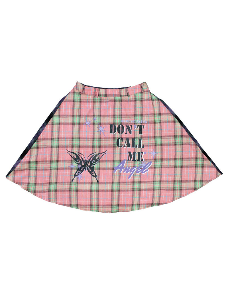 DEADENDKIDS BADGALS CLUB plaid A-line skirt in pink purple plaid — isolated front view showing the contrast plaid and printed graphics