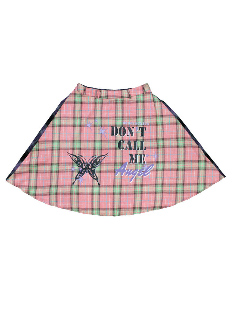 DEADENDKIDS BADGALS CLUB plaid A-line skirt in pink purple plaid — isolated front view showing the contrast plaid and printed graphics