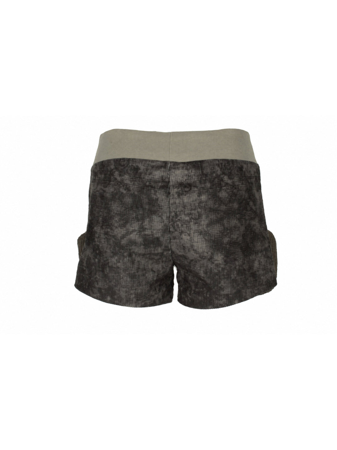 4RE1GN MYSTIC STAR knit-pocket corduroy shorts in gray black — back garment-only view showing the printed corduroy and ribbed waistband