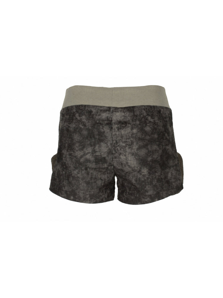 4RE1GN MYSTIC STAR knit-pocket corduroy shorts in gray black — back garment-only view showing the printed corduroy and ribbed waistband