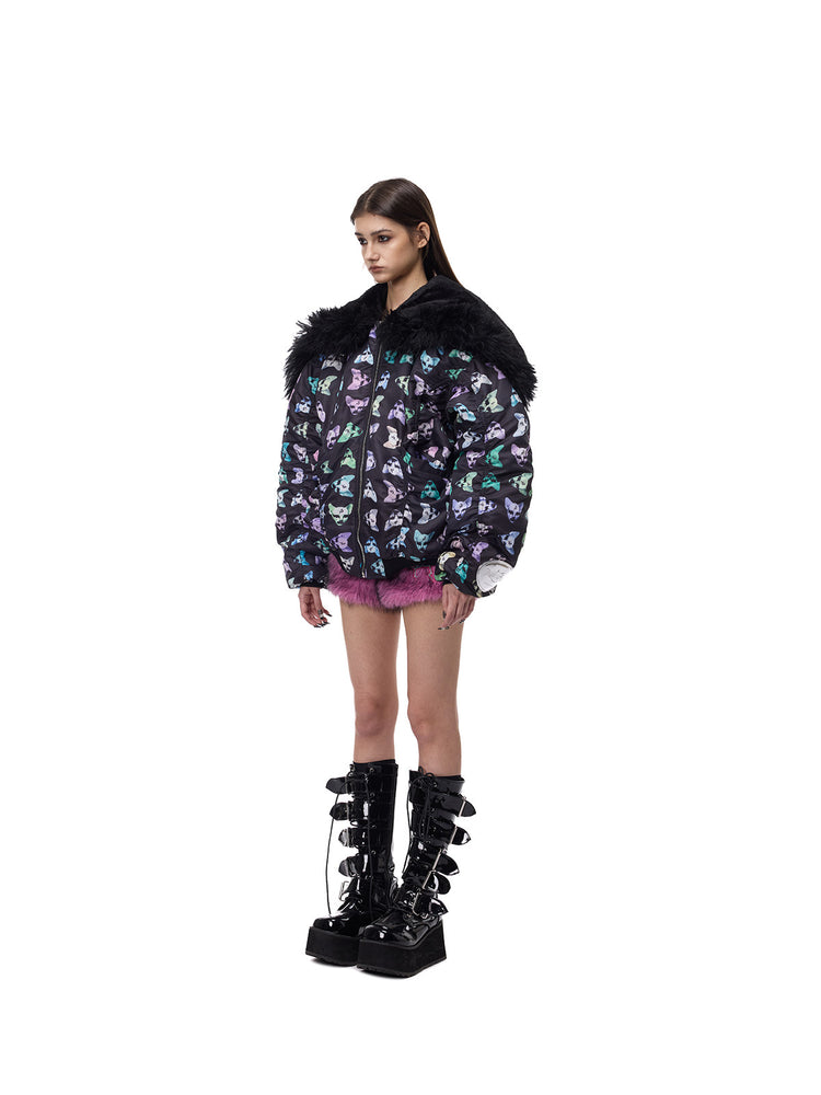 PINKSPINK CAT ALIEN faux-fur collar padded jacket — side-front full-length modeled view with the hood down