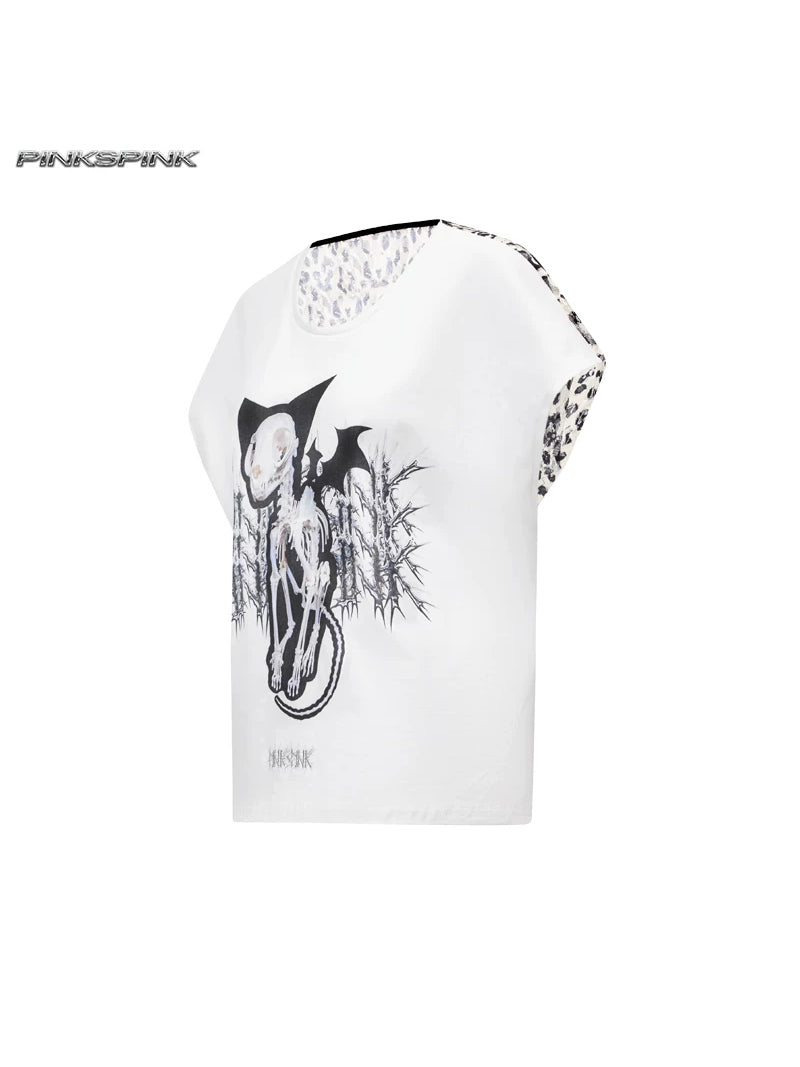 PINKSPINK DEVILCAT leopard-back graphic tee — white graphic tee with leopard-pattern back, angled product view