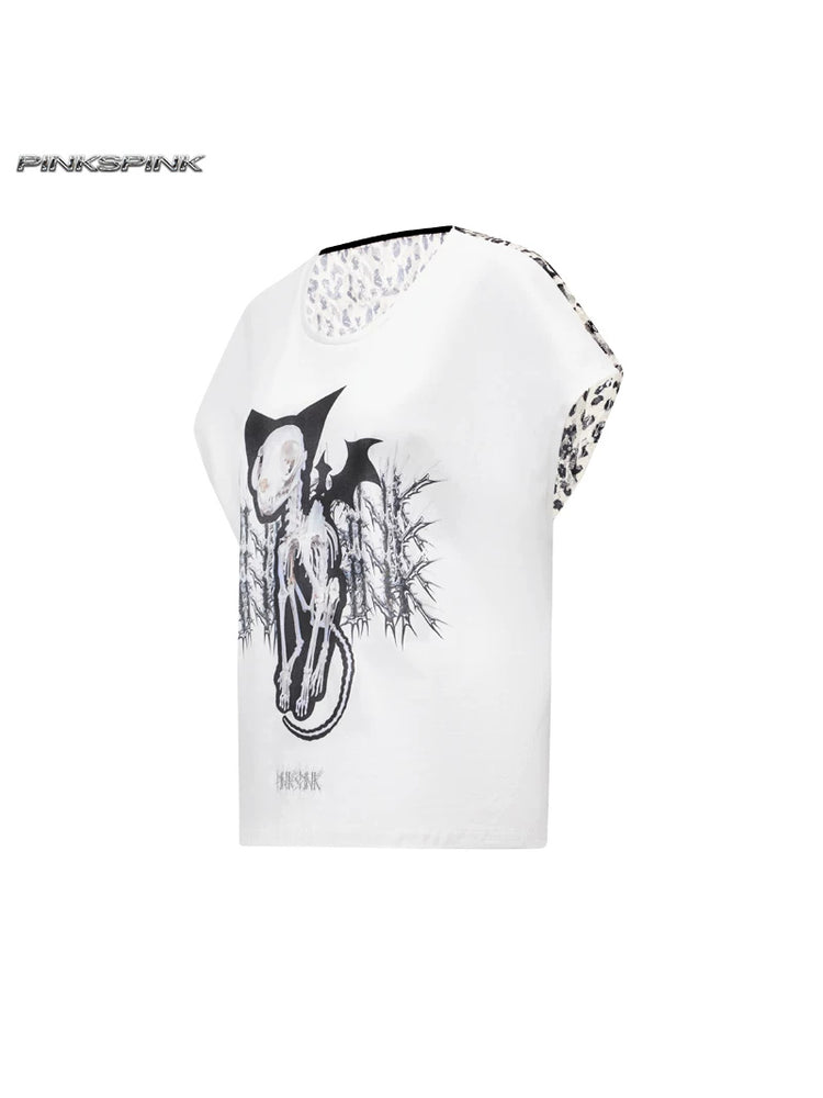 PINKSPINK DEVILCAT leopard-back graphic tee — white graphic tee with leopard-pattern back, angled product view