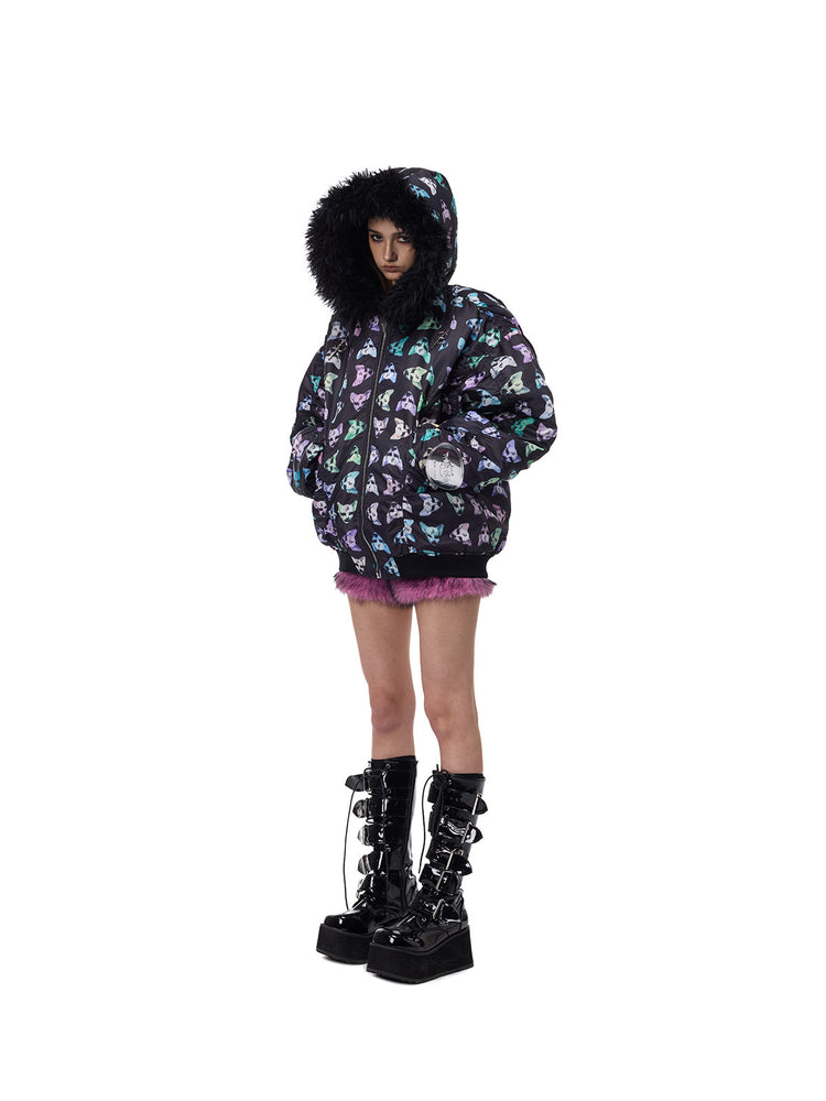 PINKSPINK CAT ALIEN faux-fur collar padded jacket — angled full-length modeled view with the hood raised