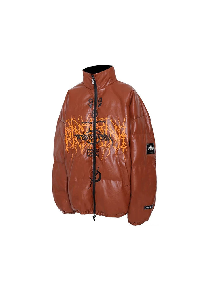 PINKSPINK MOTORBLOC padded faux-leather jacket — caramel-brown padded faux-leather jacket, zip-front product view