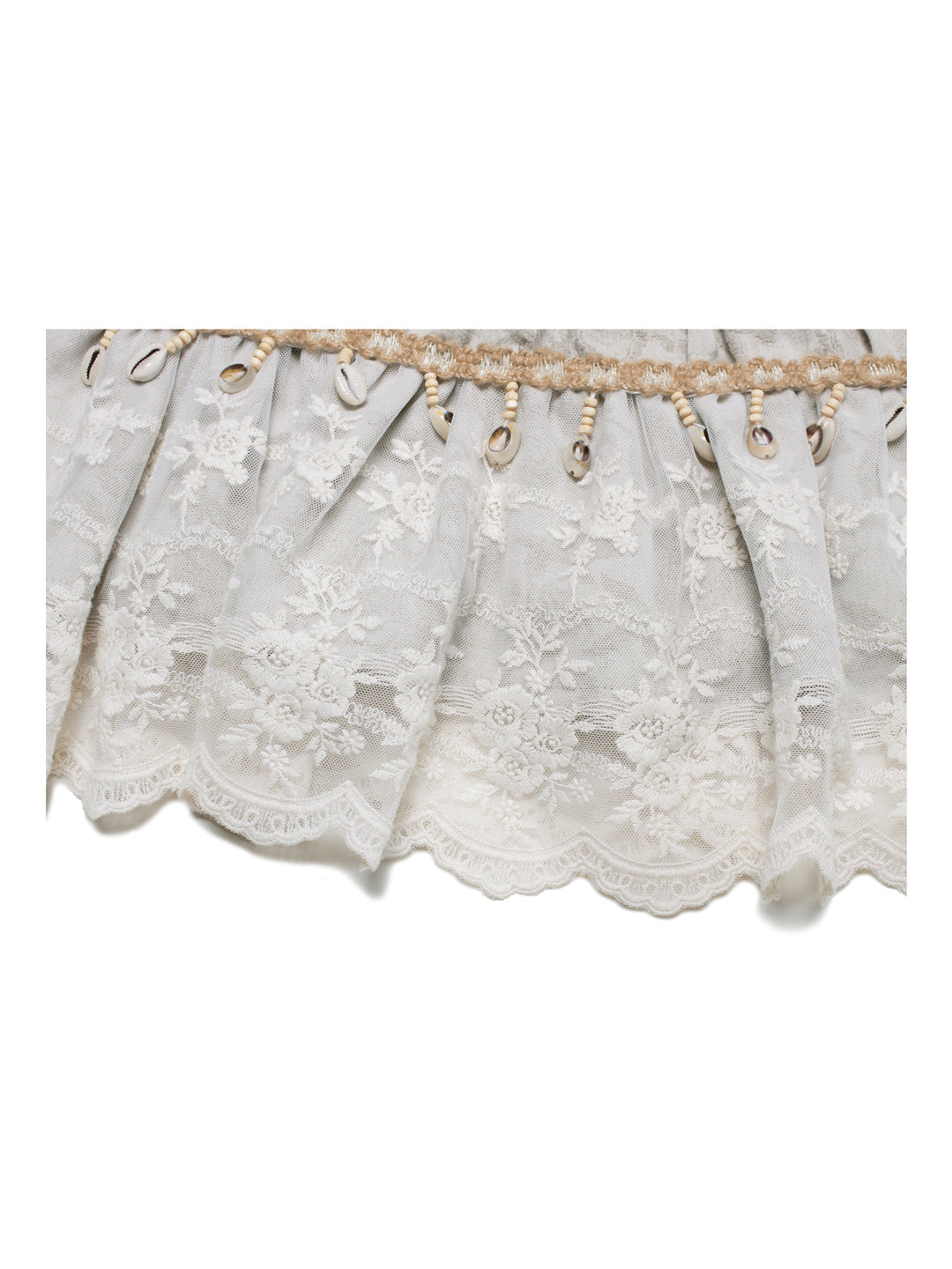 4RE1GN SHELL jacquard blouse and lace skirt separates in ivory — close-up of the skirt scalloped lace hem