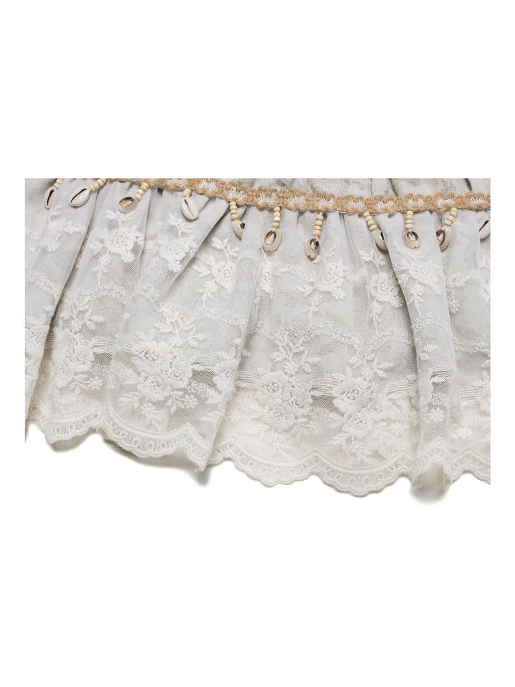 4RE1GN SHELL jacquard blouse and lace skirt separates in ivory — close-up of the skirt scalloped lace hem