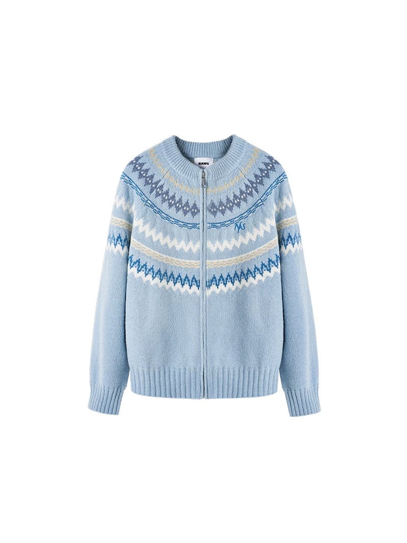 NAWS FAIR ISLE wool-alpaca cardigan — Saint-Cyr Blue Fair Isle zip cardigan, front product view