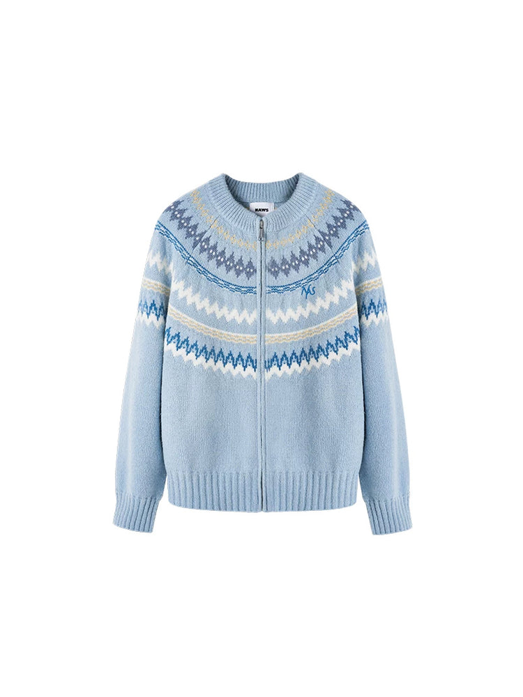 NAWS FAIR ISLE wool-alpaca cardigan — Saint-Cyr Blue Fair Isle zip cardigan, front product view