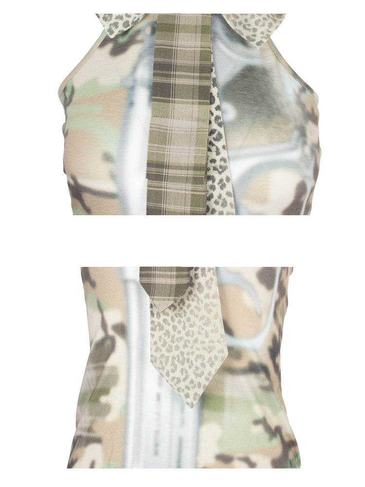 4RE1GN DEAR NINA camouflage tie-neck halter top in camo green — neckline, necktie and lower print details